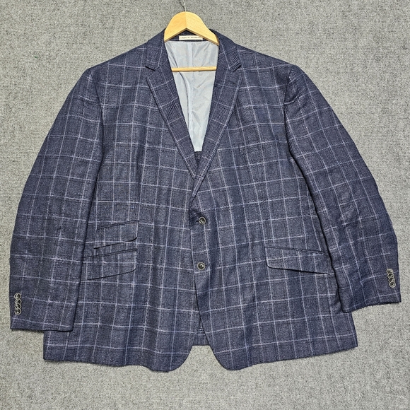 Joseph Abboud Reda Blue Plaid Sports Coat Blazer Linen Wool Mens 56 R Summer WOW
